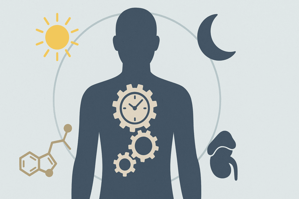 Conceptual illustration of a human silhouette with internal gears, sun and moon icons, and hormone symbols representing circadian rhythm disruptions from waking up every 2 hours.