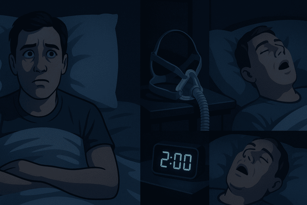 Man waking up every 2 hours in a dark bedroom, with a digital clock showing 2:00 AM, sleep apnea mask on nightstand, and snoring partner beside him.