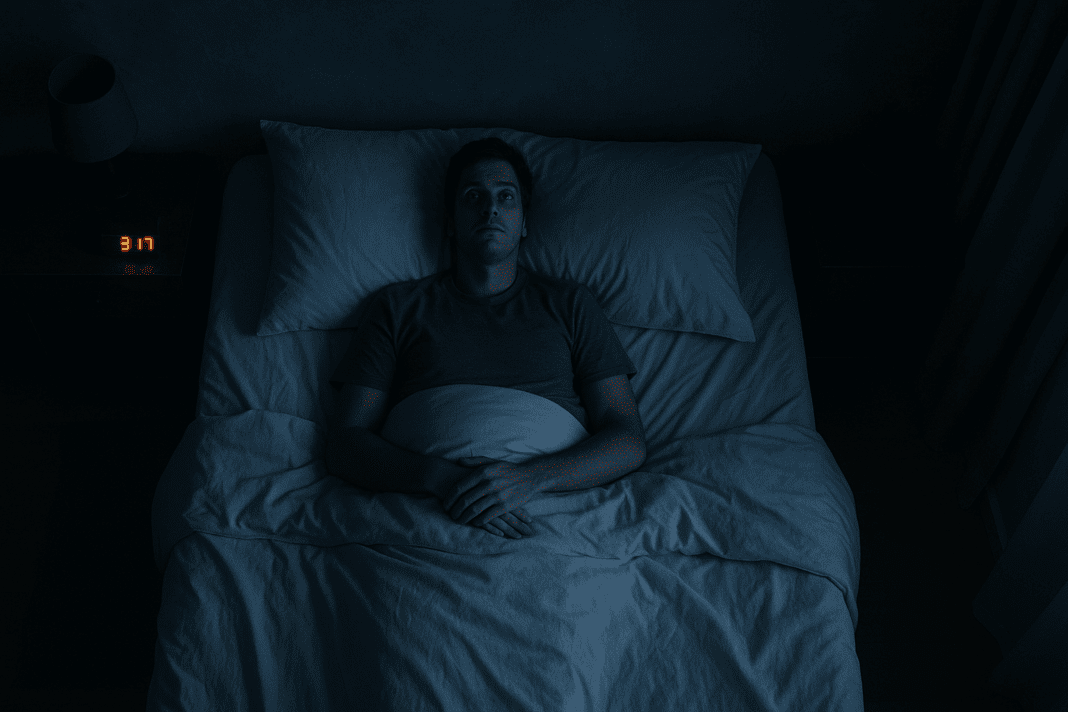 Man lying awake in bed at 3:17 AM, staring at the ceiling in a dim bedroom, showing the emotional toll of waking up every 2 hours.
