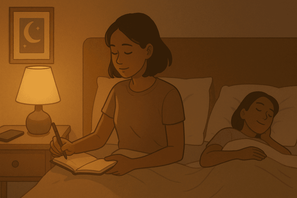 Peaceful bedtime routine with a woman journaling under soft lighting in a minimalist bedroom, offering comfort for those wondering why am i scared to sleep.