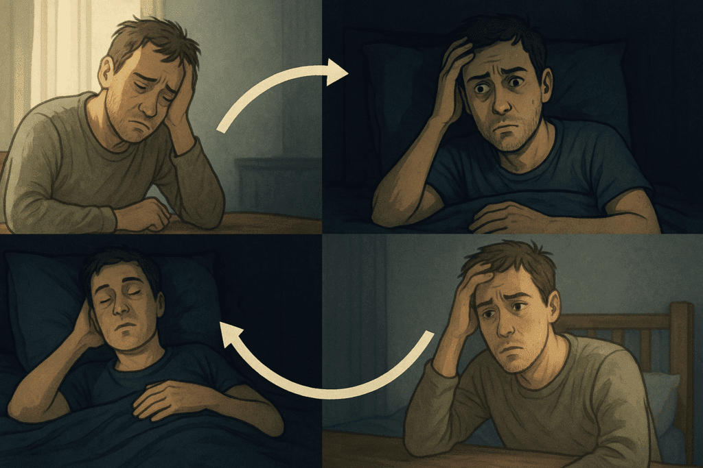 Man trapped in a repeating cycle of daytime exhaustion and nighttime anxiety, illustrating why am i scared to sleep