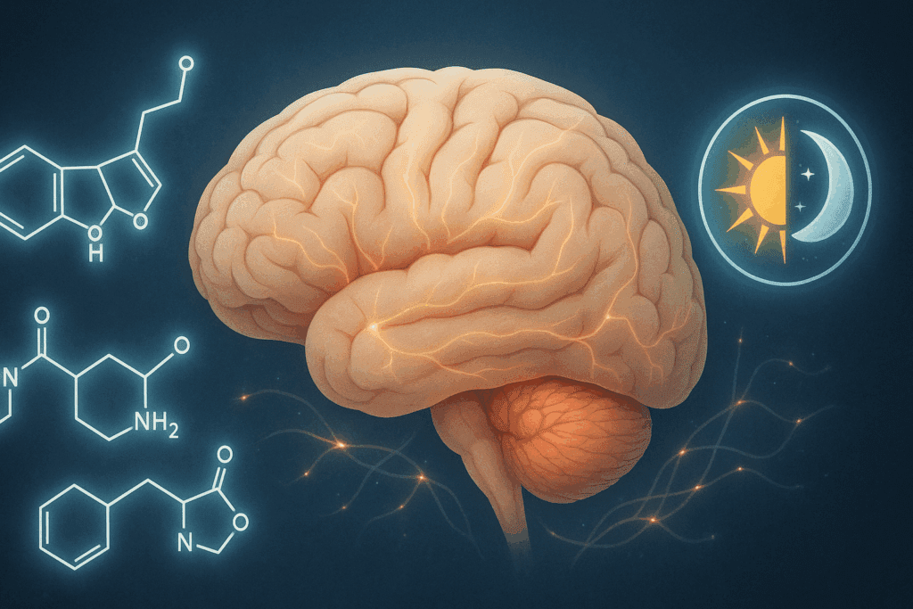 Simplified brain diagram with glowing neural pathways, serotonin and melatonin molecules, and circadian rhythm visuals illustrating biological factors behind why am i scared to sleep