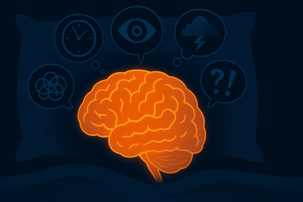 Glowing brain on a pillow with chaotic thought bubbles showing fear symbols like clocks, eyes, and storms—visualizing why am i scared to sleep.