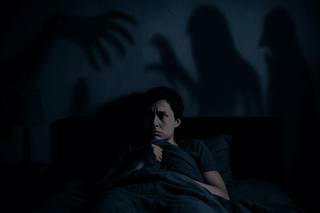 Anxious person lying awake in bed at night as looming shadows form frightening shapes on the wall, evoking the fear behind why am i scared to sleep.