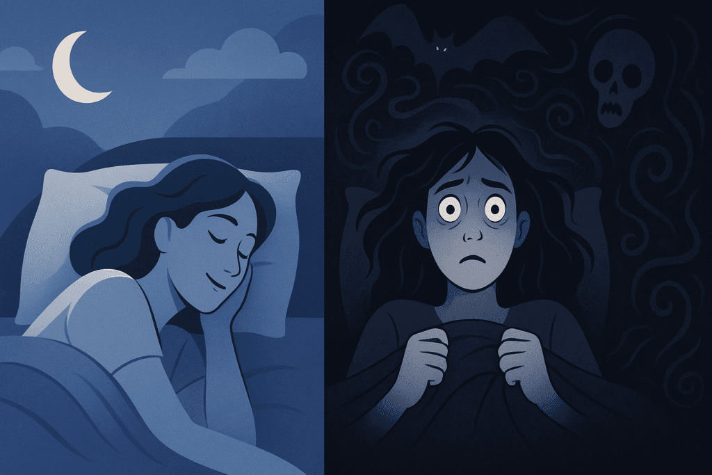 Split-screen showing peaceful sleep on one side and anxiety-driven wakefulness on the other, visualizing why am I scared to sleep.