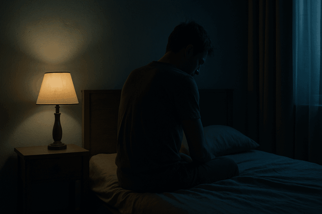 Young man sitting upright in bed under dim light, looking anxious and exhausted, evoking the question why am I scared to sleep.