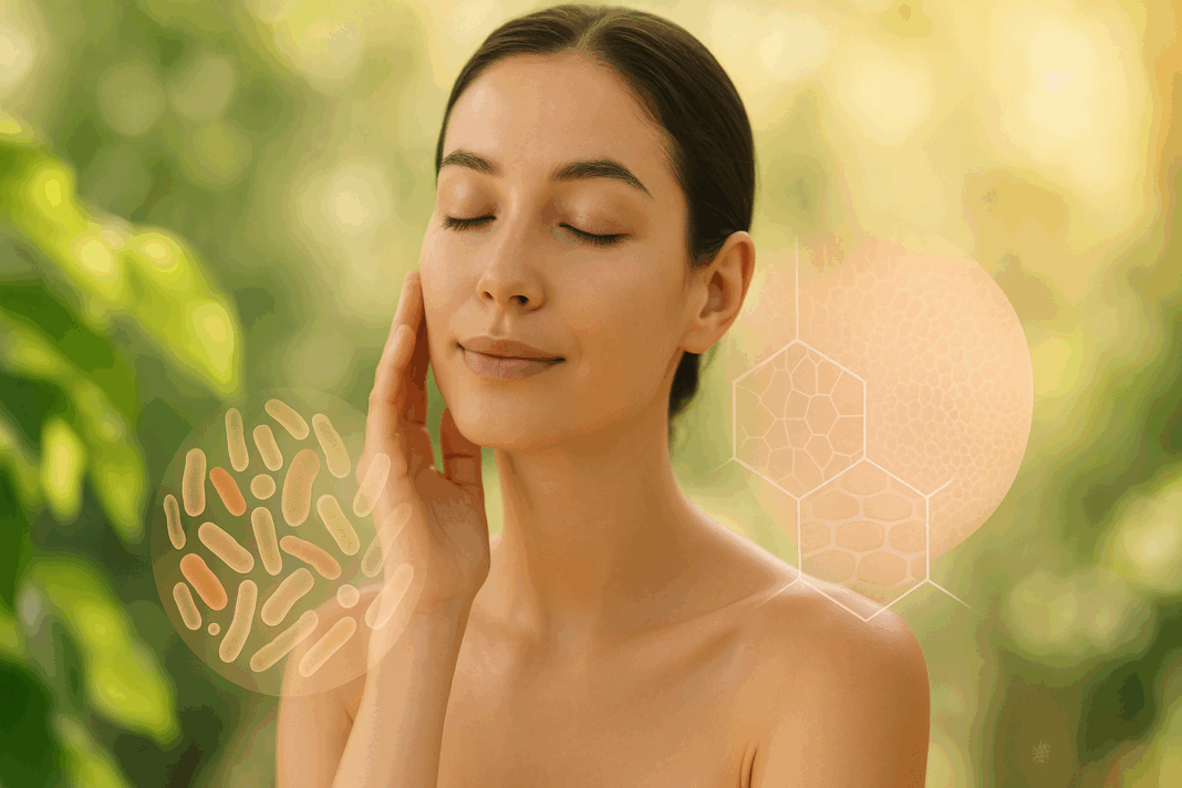 Woman with clear skin gently touching her face in a leafy, sunlit background with abstract microbiota and skin cell graphics symbolizing the best probiotic for eczema.