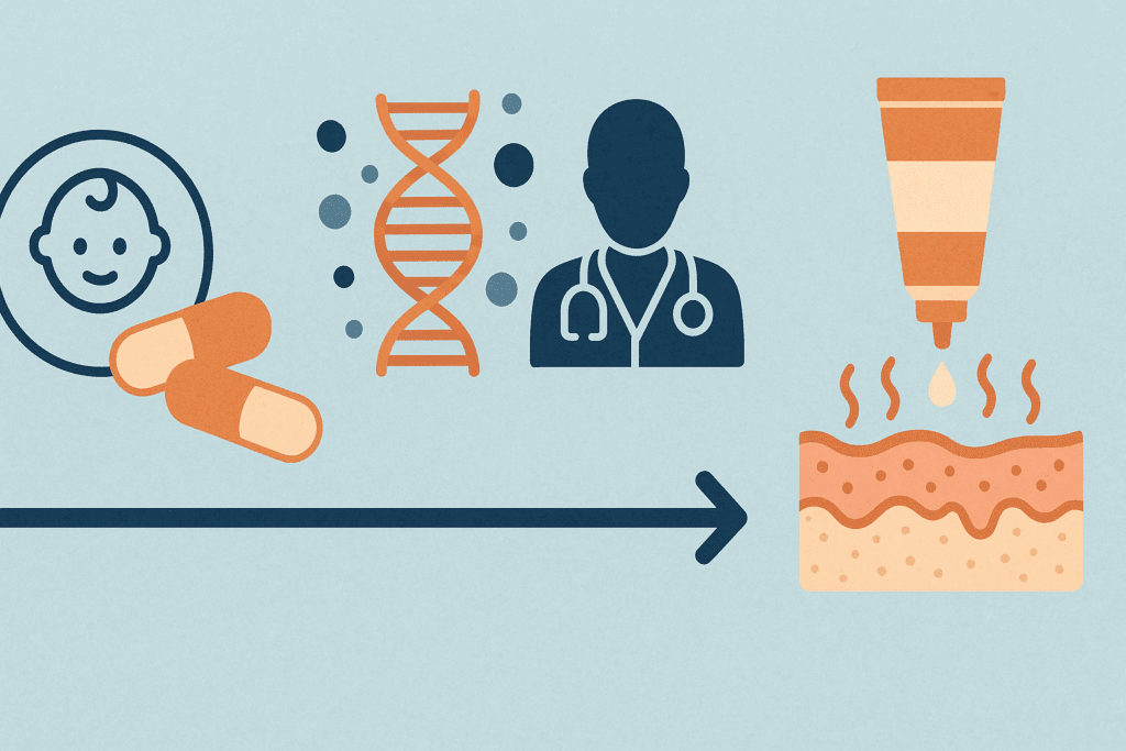 Timeline infographic showing the evolution of the best probiotic for eczema, from infant supplements to DNA-based and topical skin treatments
