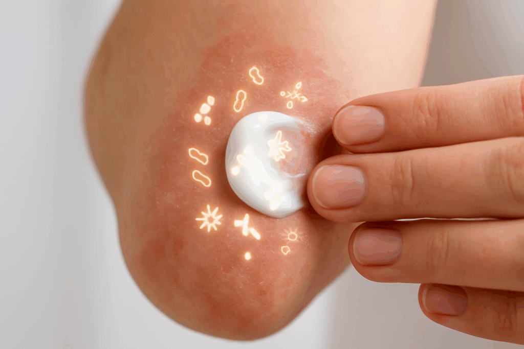 Topical cream being applied to inflamed skin with glowing microbiota symbols, illustrating the best probiotic for eczema action.