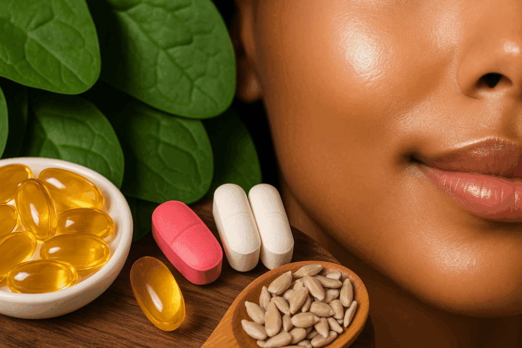 Vitamin capsules and natural supplements like fish oil, leafy greens, and sunflower seeds beside glowing skin, representing the best probiotic for eczema support.