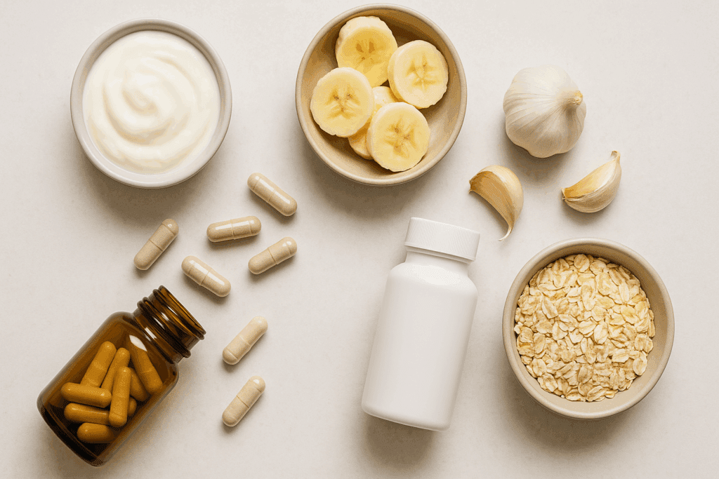 Flat-lay of probiotic capsules and supplement bottles beside yogurt, banana slices, garlic, and oats, highlighting the best probiotic for eczema.