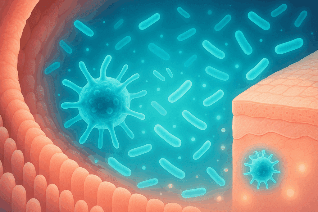 Glowing probiotic bacteria interacting with immune cells along the intestinal lining, illustrating how the best probiotic for eczema may support anti-inflammatory effects.