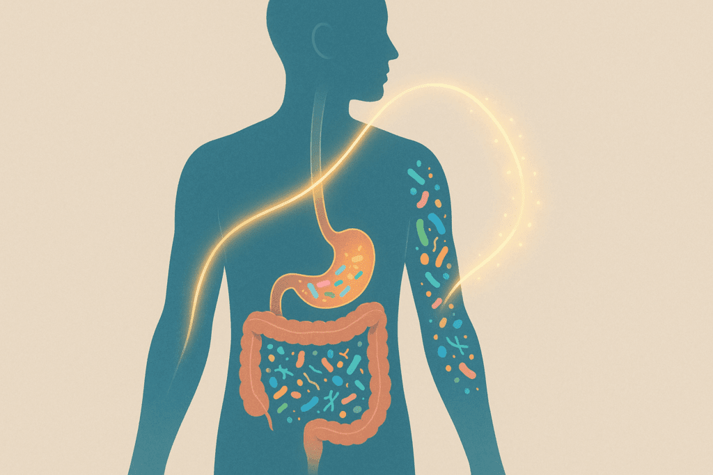 Illustration of the gut-skin axis showing glowing pathways between digestive microbiota and skin microbiome, representing the best probiotic for eczema.