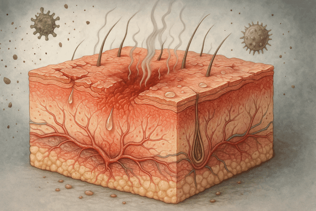 Cross-sectional illustration of inflamed skin with allergen penetration and disrupted barrier, visualizing triggers addressed by the best probiotic for eczema