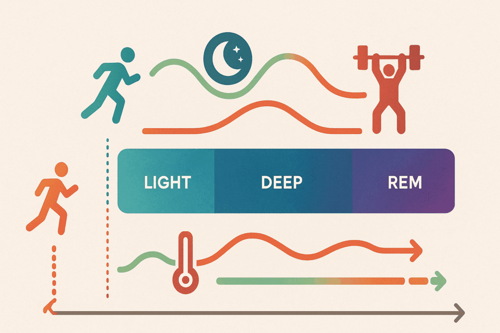 Infographic showing how bedtime workouts affect light sleep, deep sleep, and REM cycles, answering is it good to exercise before bed