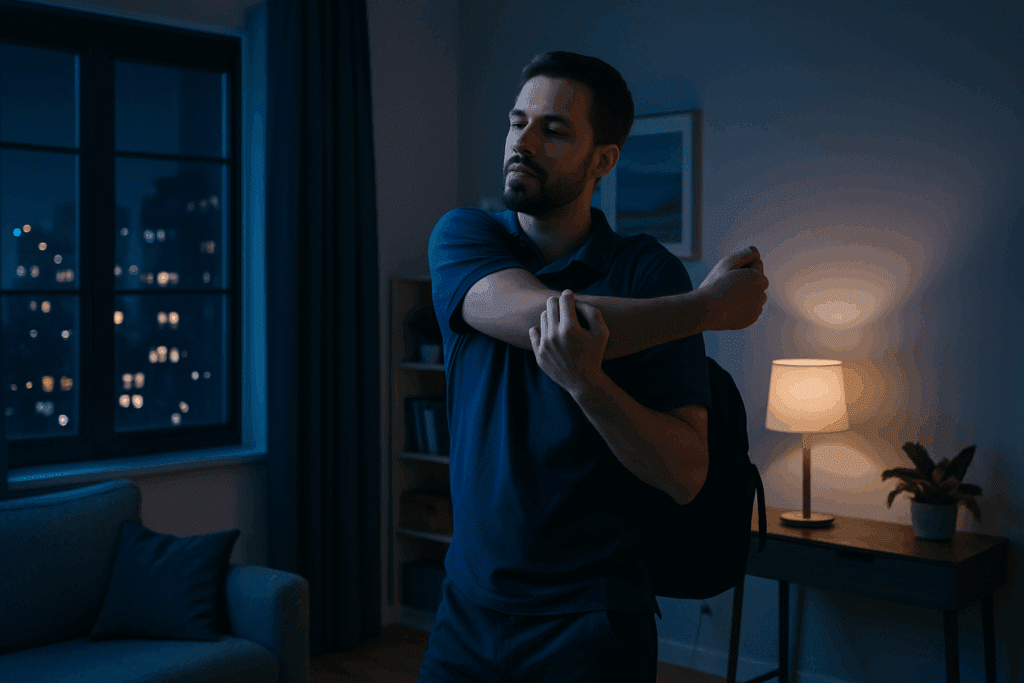 Night-shift worker doing gentle shoulder stretches in a softly lit apartment, illustrating the idea is it good to exercise before bed.
