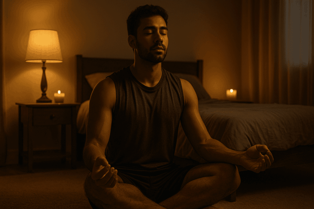 Man meditating in a candlelit bedroom after a workout, illustrating emotional calm and addressing the question: is it good to exercise before bed