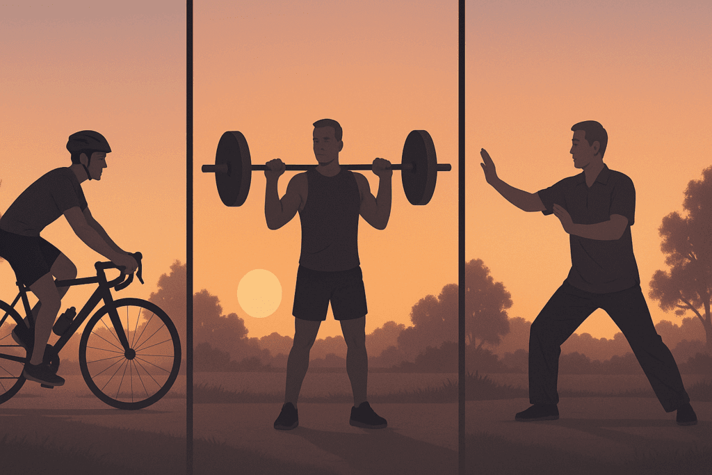Serene evening workout comparison showing cycling, weightlifting, and tai chi to explore is it good to exercise before bed