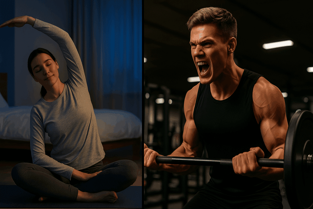 Split-screen showing a woman doing nighttime yoga and a man lifting weights in a gym, exploring is it good to exercise before bed.