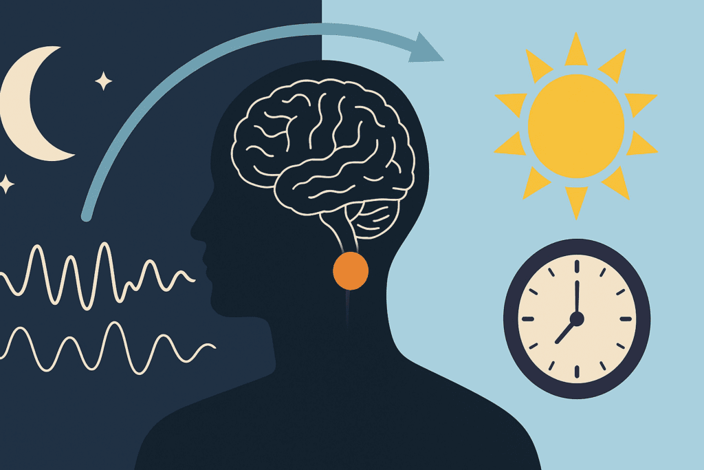 Conceptual illustration of circadian rhythm showing brain activity, sun and moon cycle, and sleep-wake timing, related to is it good to exercise before bed
