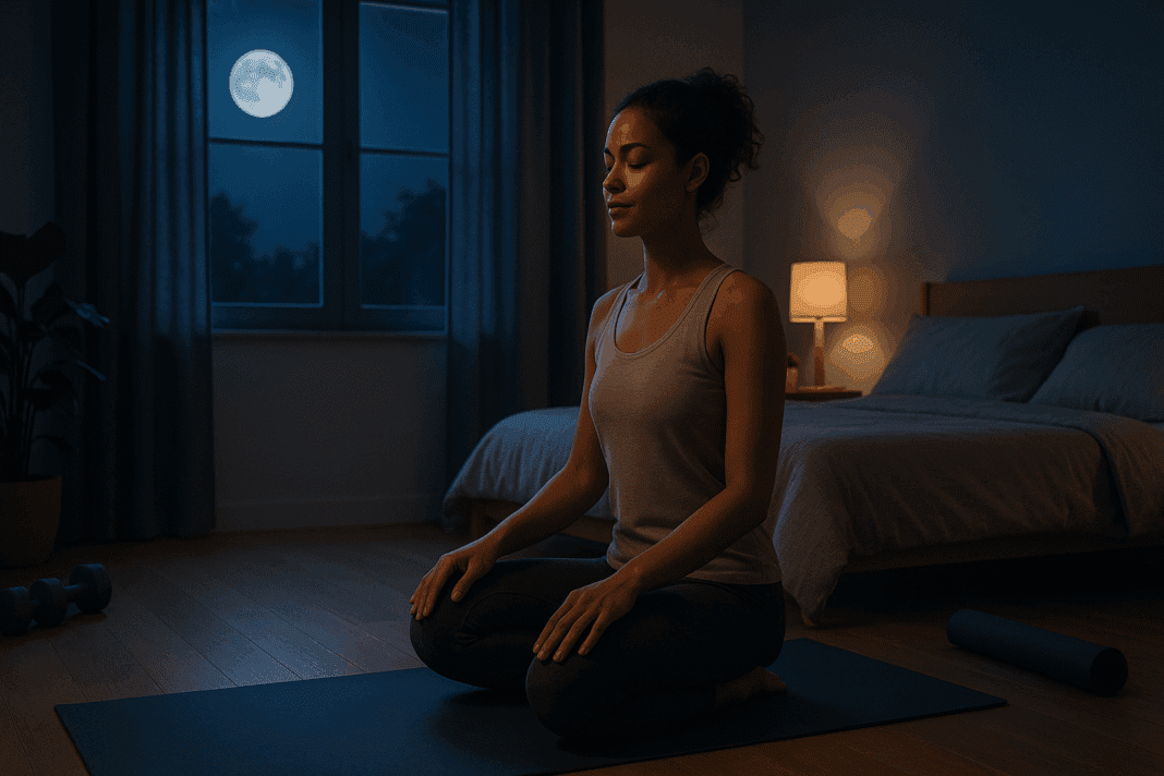Woman finishing nighttime yoga in a calm bedroom setting, showing is it good to exercise before bed lifestyle.