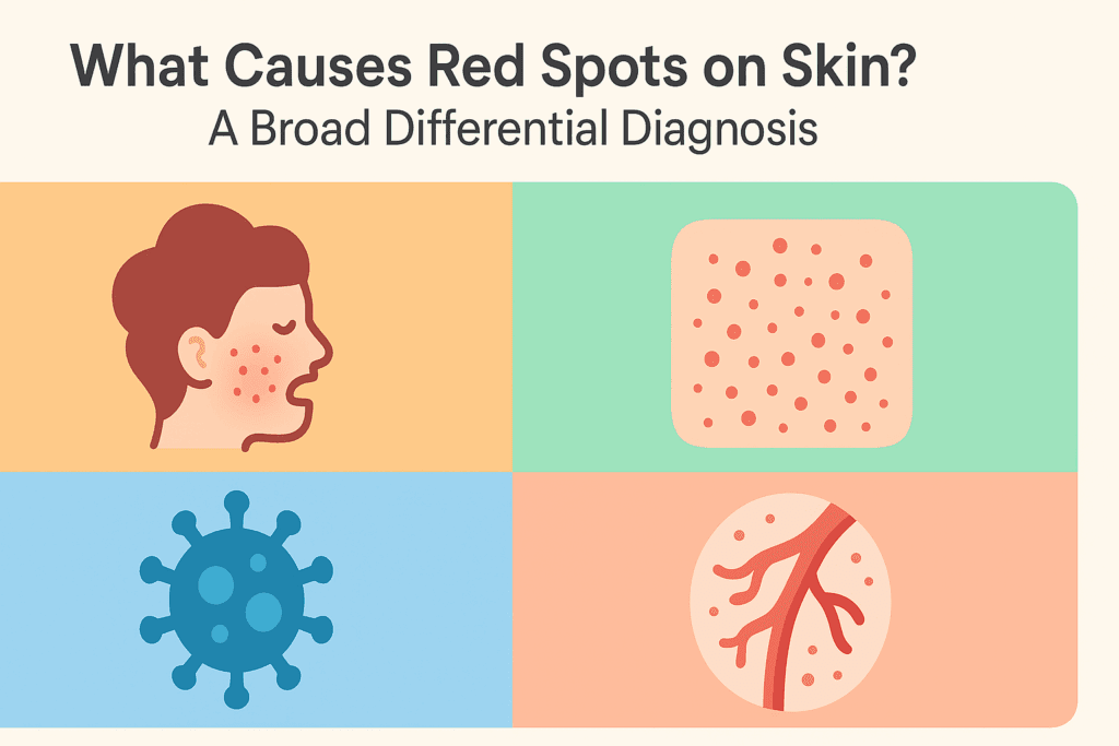 Medical-style infographic visually categorizing causes of red spots on neck including allergies, infections, autoimmune issues, and vascular conditions
