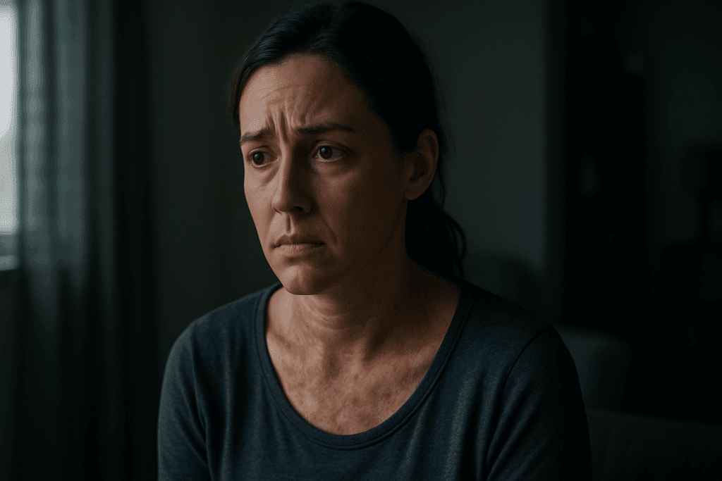 Woman with worried expression showing red spots on neck and upper chest, seated indoors under moody lighting