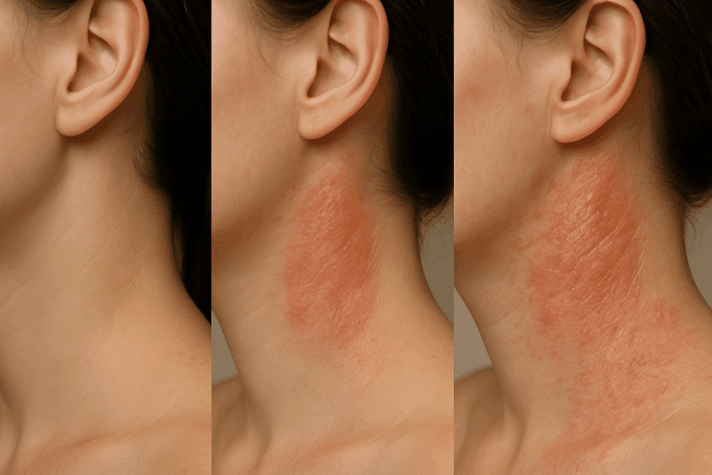 Progressive stages of contact dermatitis showing red spots on neck and shoulder worsening from mild irritation to severe inflammation