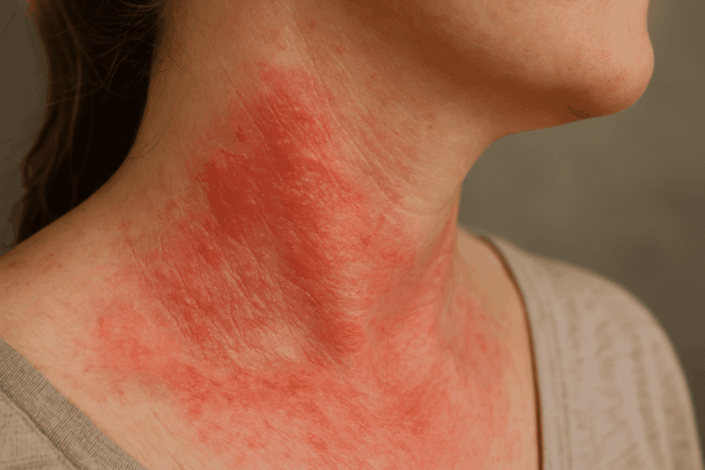 Close-up of red spots on neck caused by allergic contact dermatitis, showing inflamed, irritated skin beneath a shirt collar.