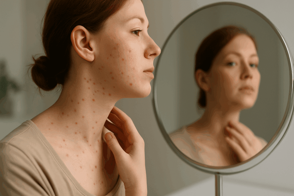 Woman examining red spots on neck in front of a mirror under natural indoor lighting.