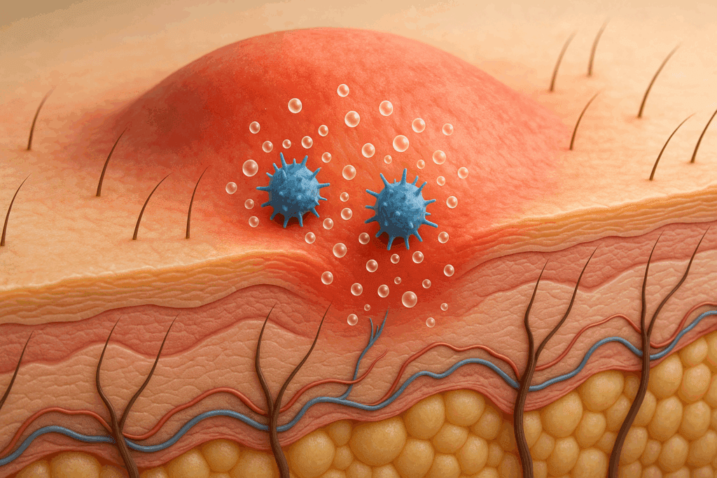 Cross-section of human skin showing inflamed layers with swelling, redness, and immune activity resembling red spots on neck.