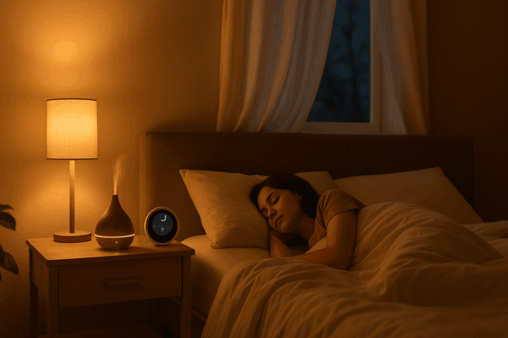 Cozy bedroom setup with dim lighting, aromatherapy diffuser, and sleep tracking device illustrating what causes sleep talking solutions
