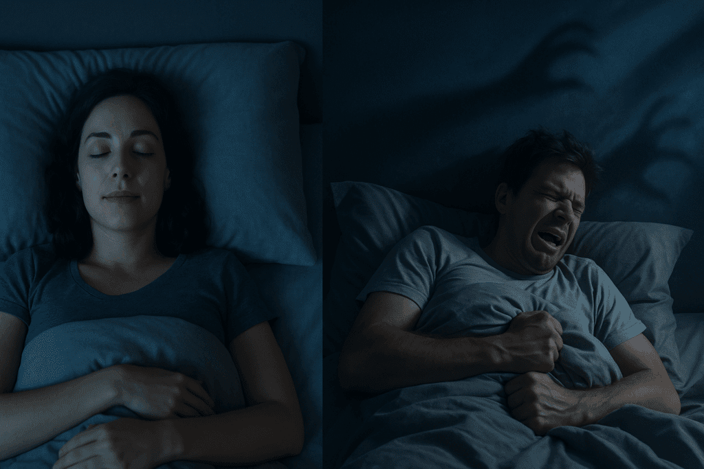 Split-screen of two adults in bed illustrating what causes sleep talking, with one resting peacefully and the other distressed during sleep.