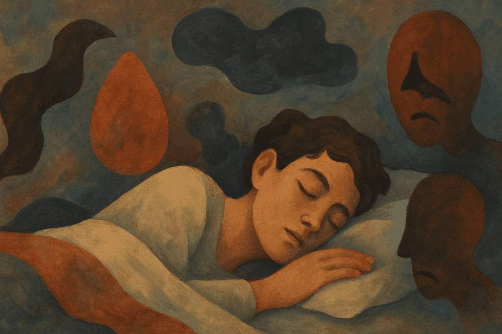 Peaceful person sleeping while abstract shapes and shadows symbolizing anxiety and grief swirl around them, illustrating what causes sleep talking.
