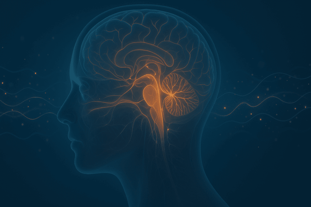 Transparent side profile of a human head showing glowing brain structures and disrupted neural signals, visualizing what causes sleep talking