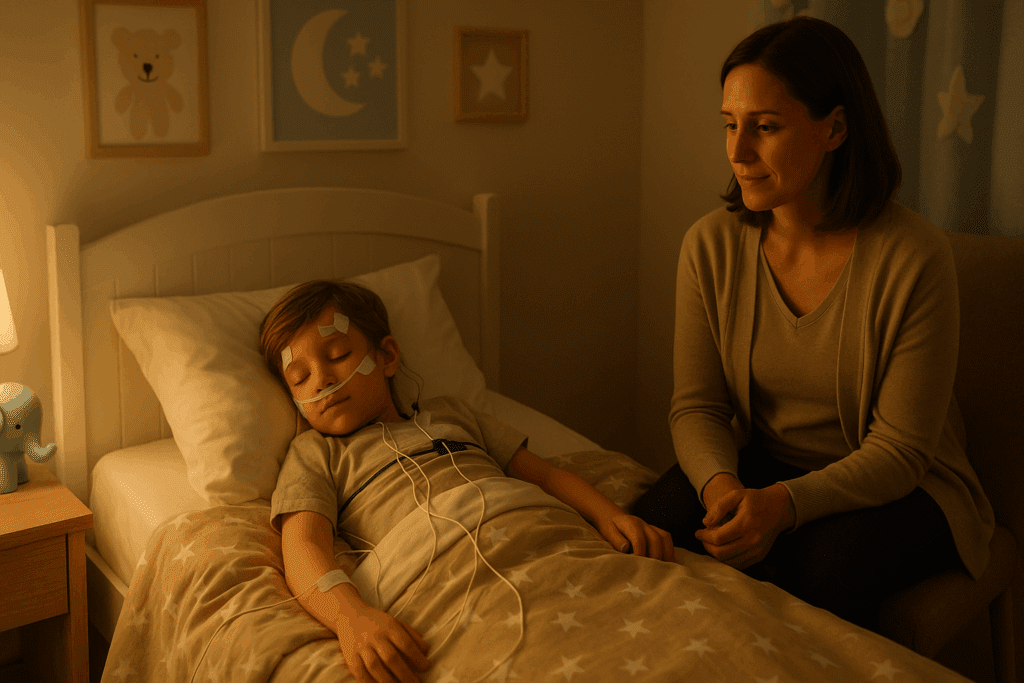 Child undergoing sleep monitoring in a pediatric sleep lab with parent nearby, illustrating how does a sleep study work in children.
