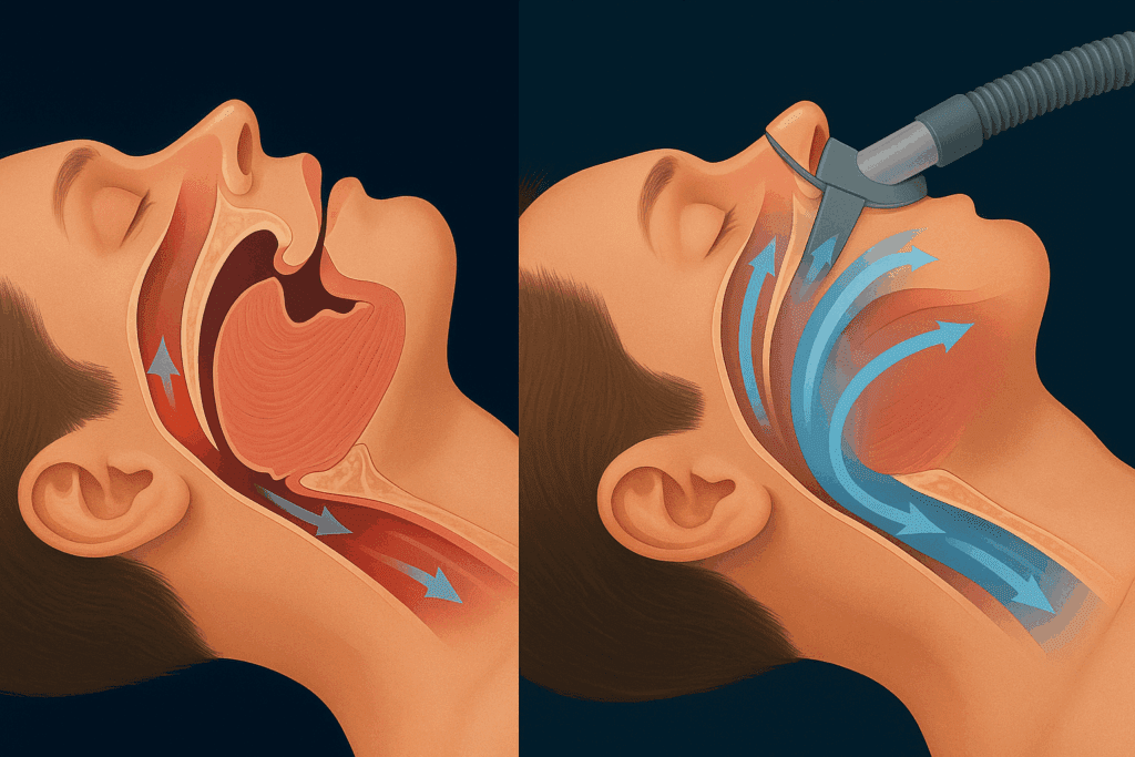 Medical cross-section showing how does a sleep study work with an obstructed airway during sleep apnea and improved airflow using CPAP therapy.