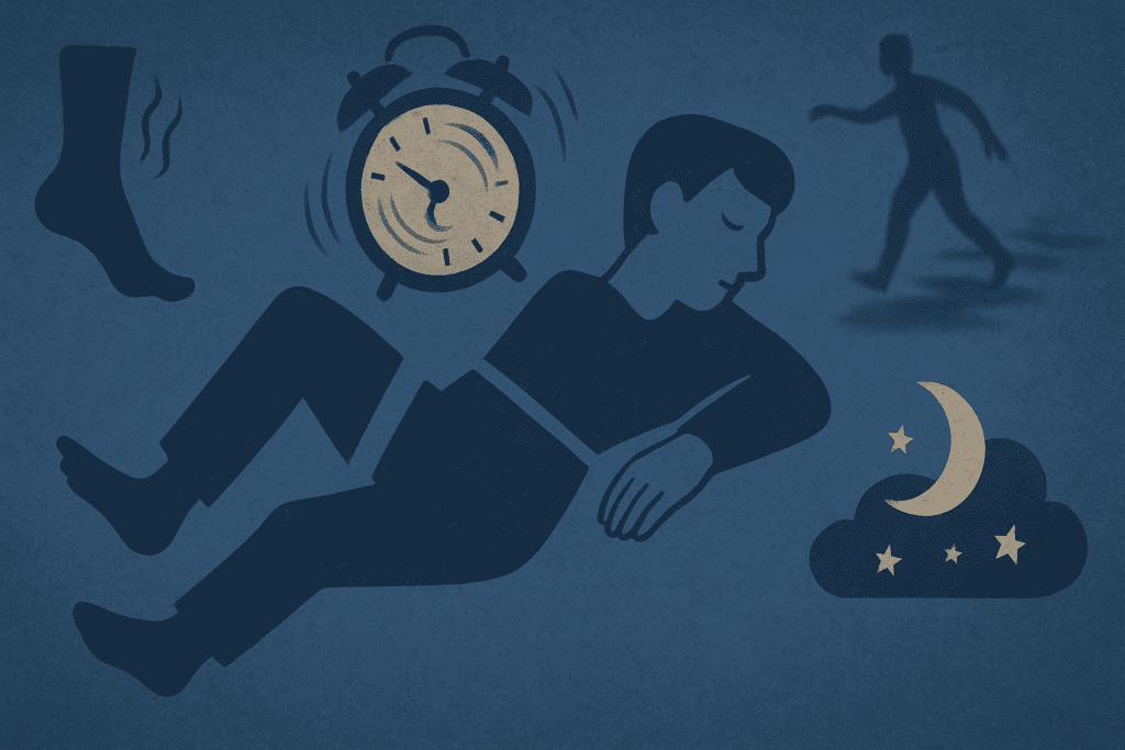 Abstract silhouette of a sleeping person surrounded by symbolic icons for restless legs, narcolepsy, sleepwalking, and vivid dreams, illustrating how does a sleep study work to detect various sleep disorders.
