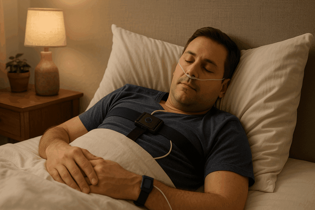 Man peacefully sleeping in his bedroom while wearing home monitoring equipment, illustrating how does a sleep study work.