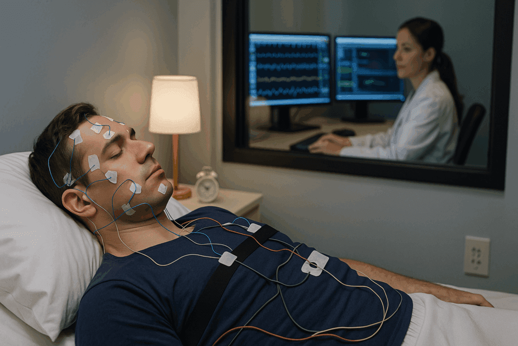 Patient undergoing overnight observation in a sleep lab with electrodes attached, illustrating how does a sleep study work in a clinical setting