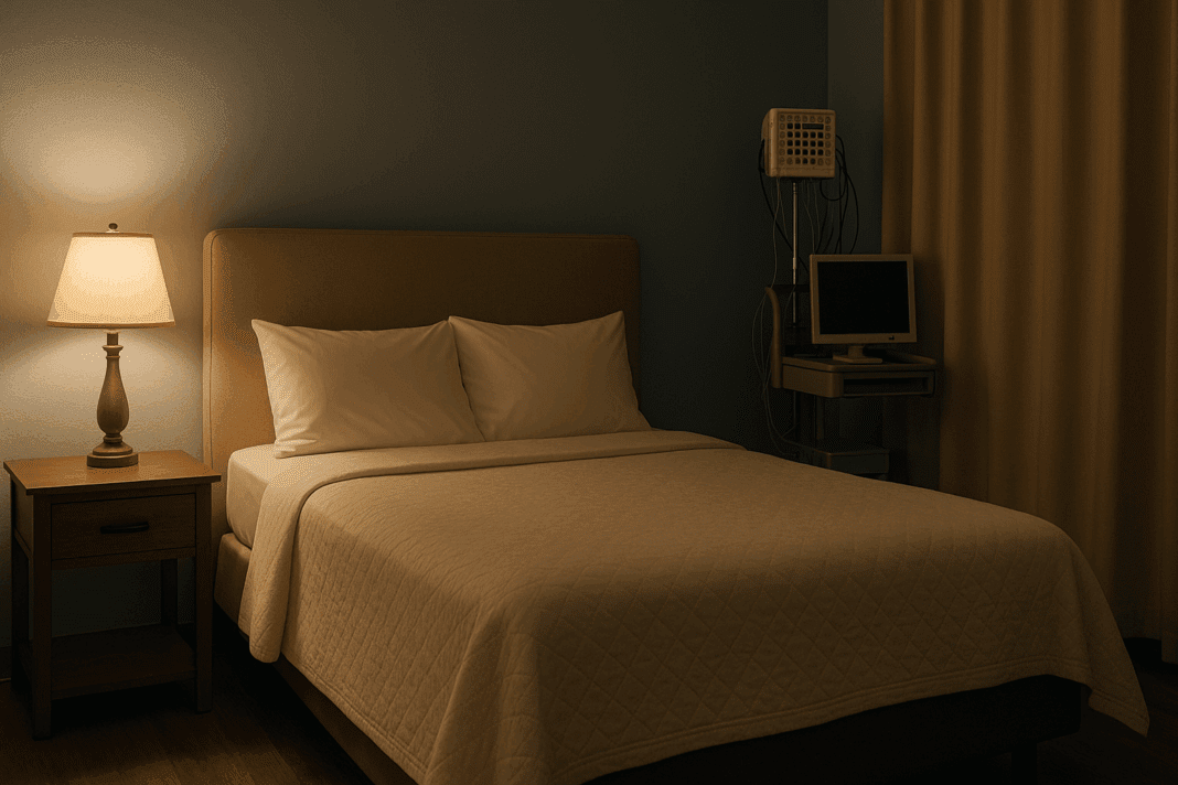 Dimly lit clinical sleep study room styled like a cozy hotel suite, showing bed, soft lamp, and monitoring equipment — illustrating how does a sleep study work.