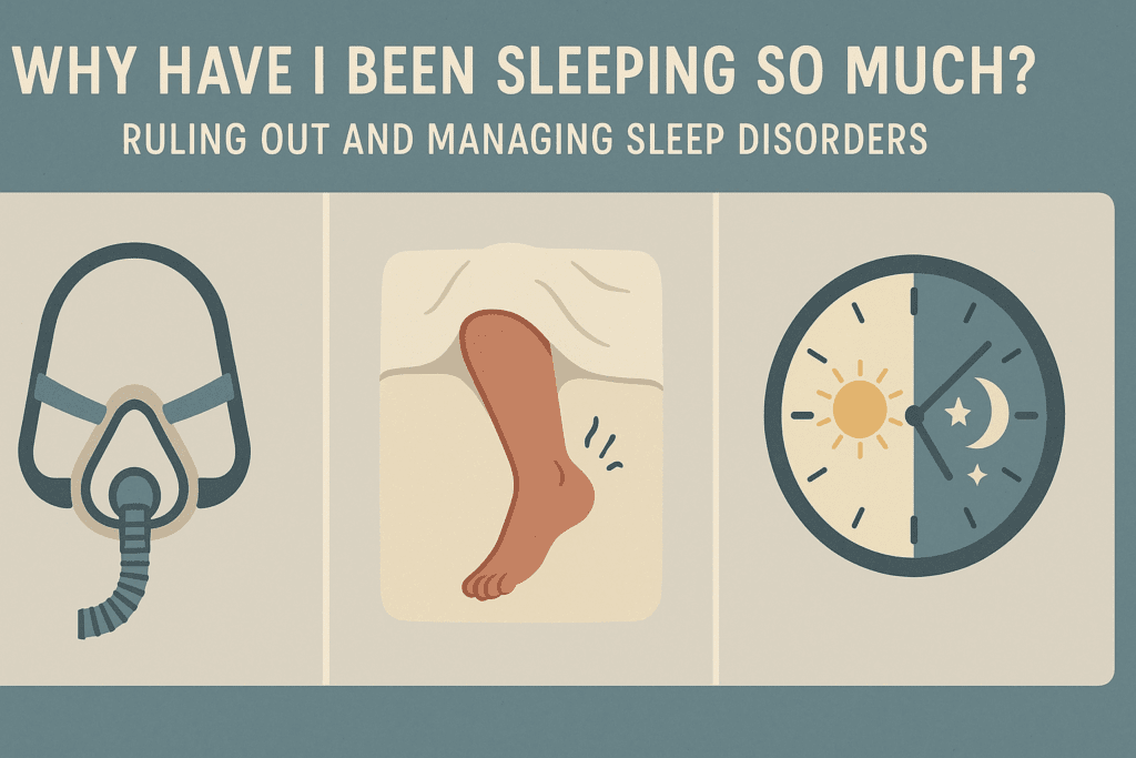 Infographic comparing sleep apnea, restless leg syndrome, and circadian rhythm disorder to explain why am i sleeping too much all of a sudden