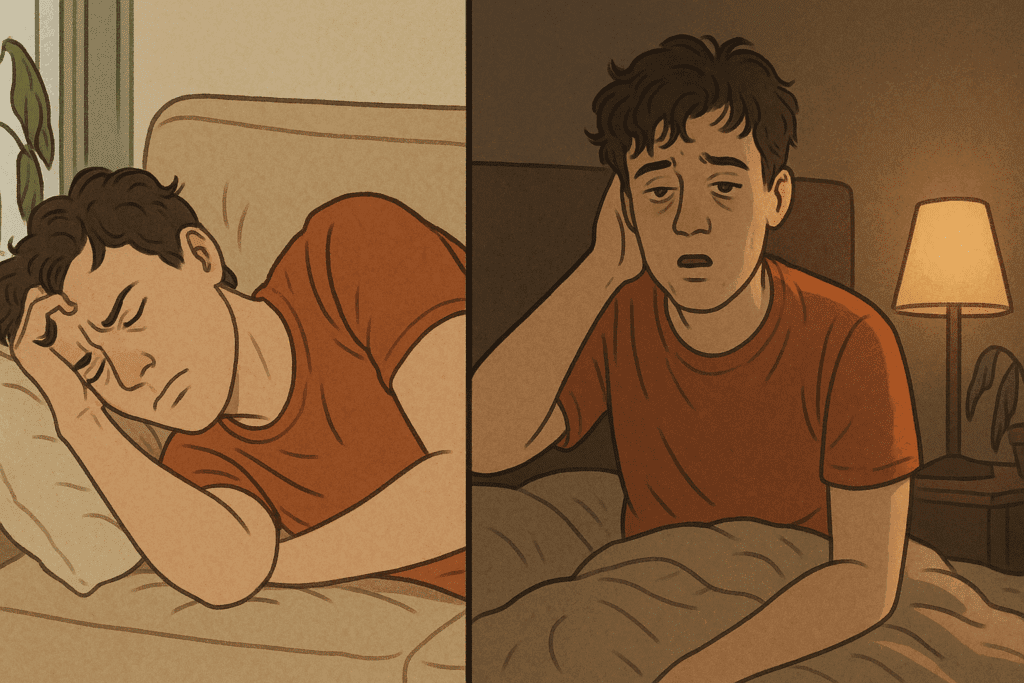 Split-scene showing a tired man napping during the day and waking groggy at night, visualizing why am i sleeping too much all of a sudden.