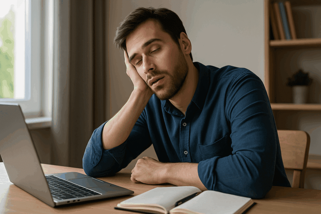Tired young man nodding off at his desk with a laptop and notebook during the day, illustrating why am I sleeping too much all of a sudden
