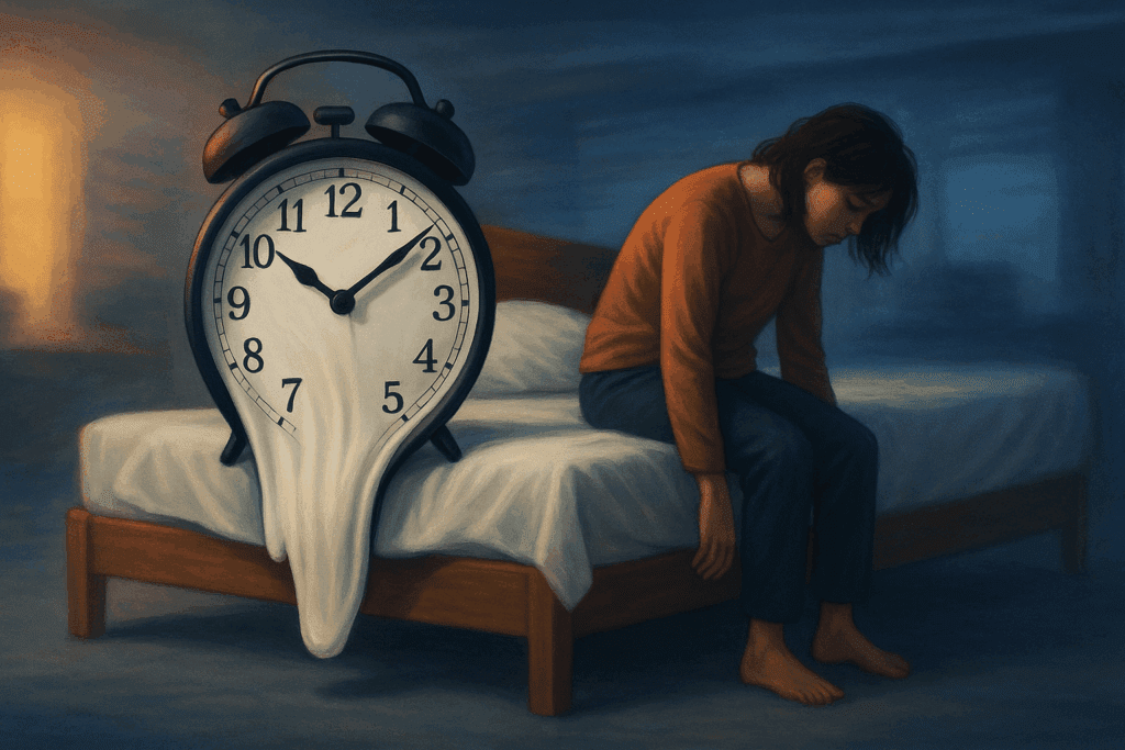 Melting clock draped over bed beside exhausted woman—visual metaphor exploring why am i sleeping too much all of a sudden.