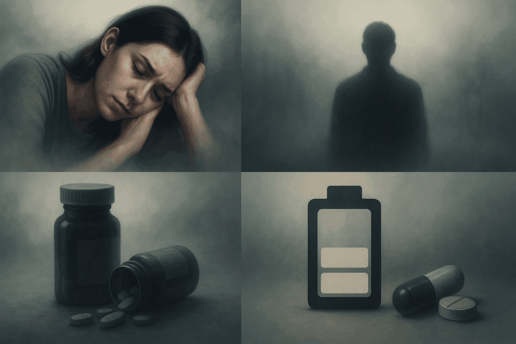 Symbolic collage illustrating why am I sleeping too much all of a sudden, with visuals of fatigue, shadowy anxiety, medication bottles, and low energy icons.