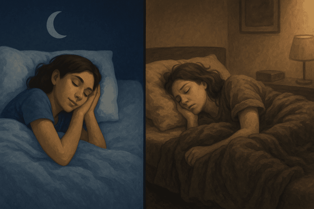 Two women sleeping in contrasting scenes—one during normal nighttime hours and another oversleeping into midday—illustrating why am I sleeping too much all of a sudden.