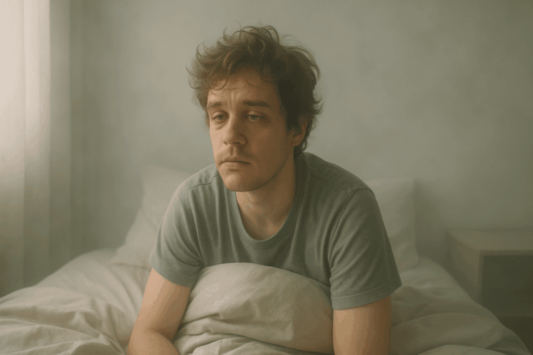 Groggy young adult sitting up in bed under soft morning light, reflecting the question why am I sleeping too much all of a sudden