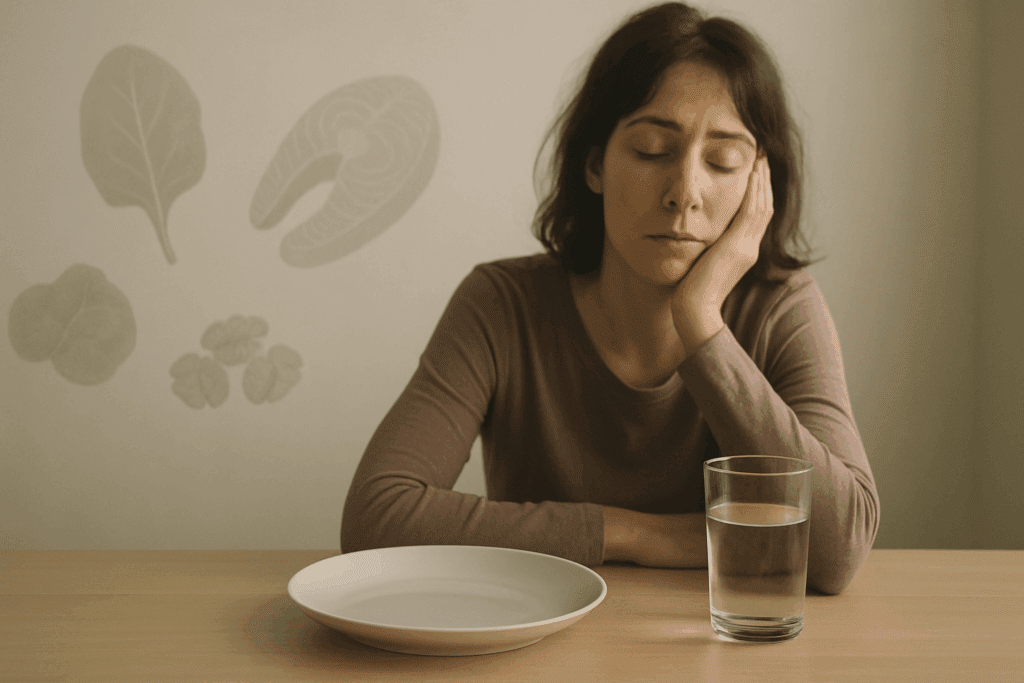 Weary woman sitting at a table with an empty plate and glass of water, symbolizing nutritional causes of why am i still tired after sleeping