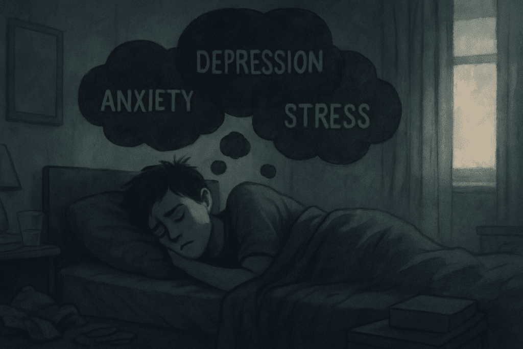 Person lying in a dark, cluttered bedroom with thought clouds symbolizing why am I still tired after sleeping.